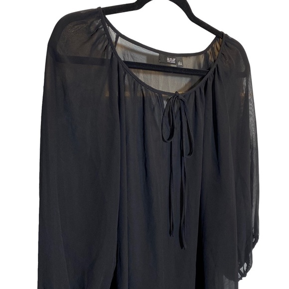 ANA A new approach women's size Large Black sheer blouse tie front 1/2 sleeve - Picture 2 of 5